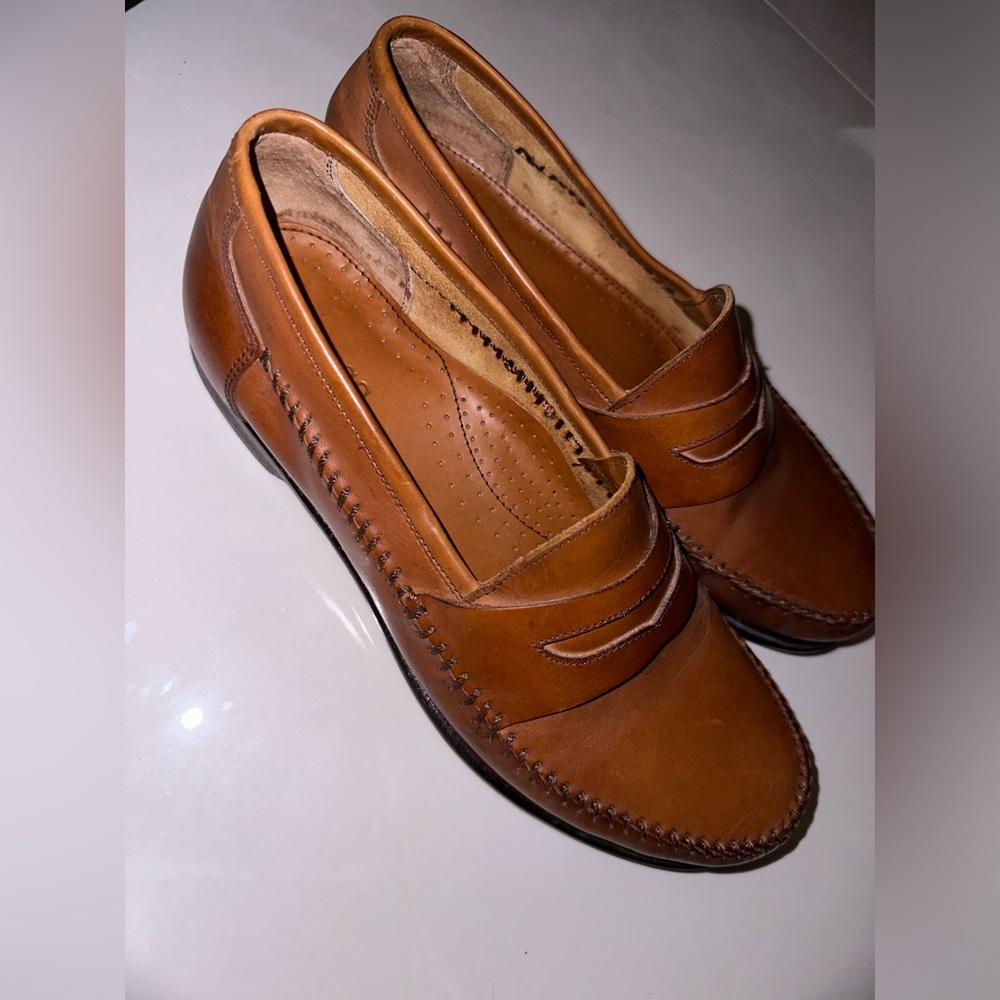 Bass Shoe Mens 8.5m Tan Brown Reiss British Leather Moc Toe Penny Loafer Slip On - Picture 4 of 15